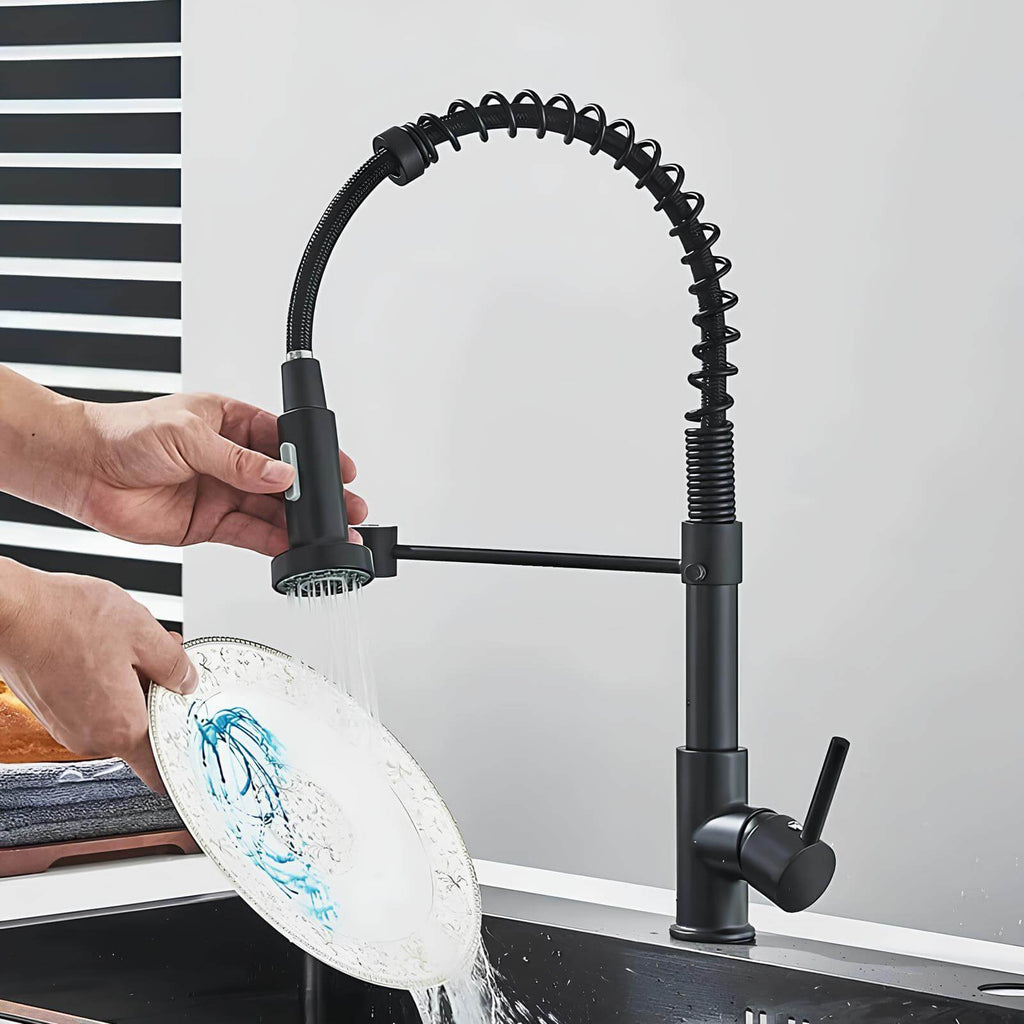 Elegant spring kitchen faucet with dual-spray pull-down and swivel spout