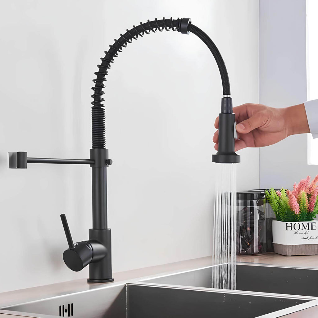 Elegant spring kitchen faucet with dual-spray pull-down and swivel spout