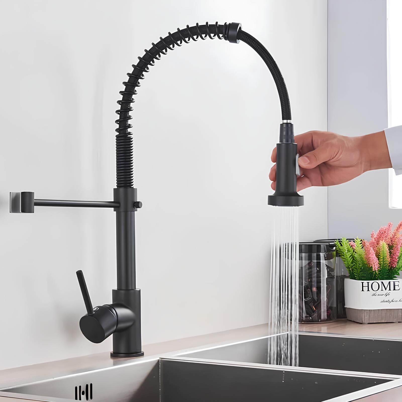 Elegant spring kitchen faucet with dual-spray pull-down and swivel spout