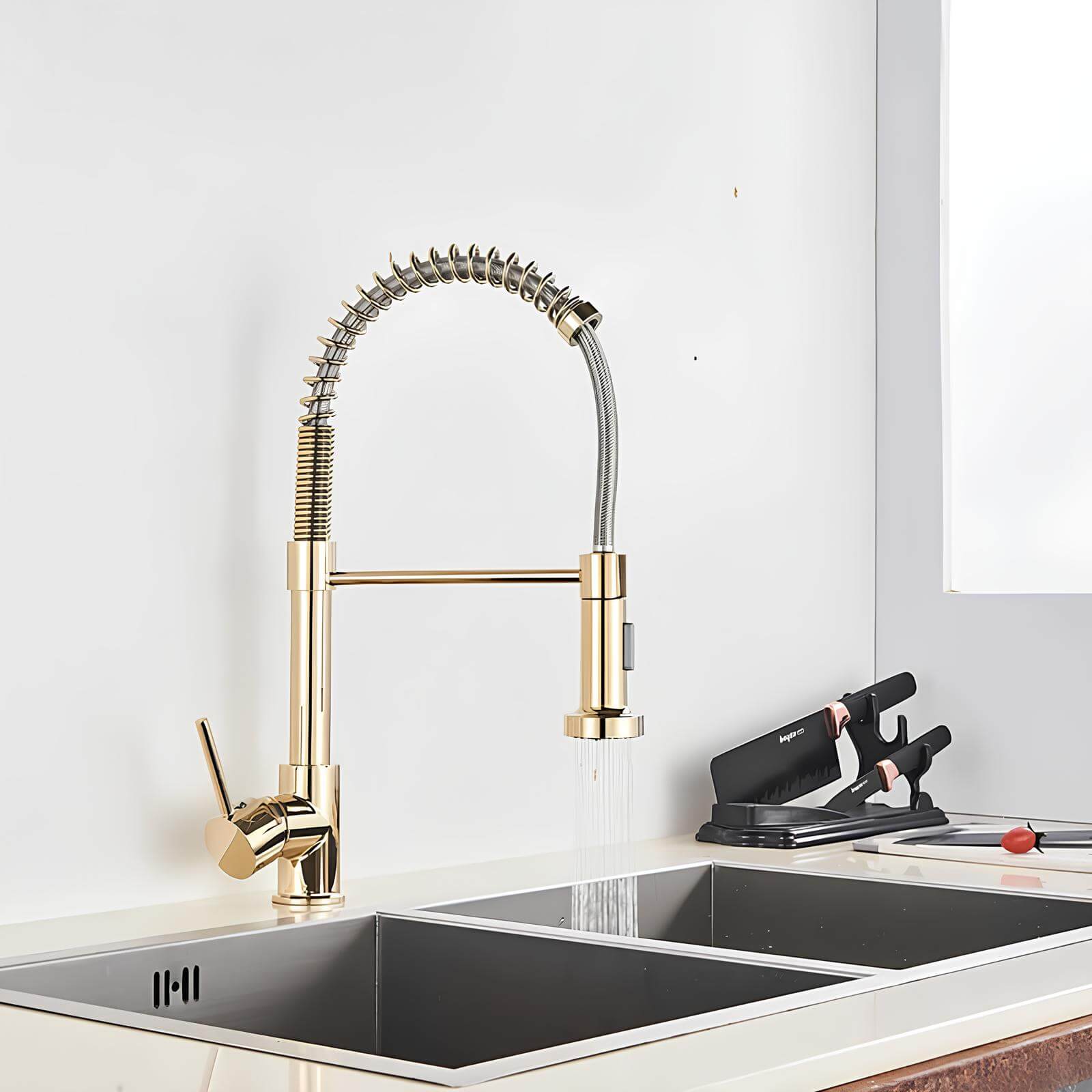 Elegant spring kitchen faucet with dual-spray pull-down and swivel spout