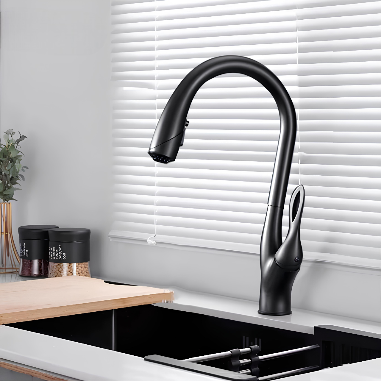 Luxury kitchen faucet with triple-spray pull-down and 360° swivel spout