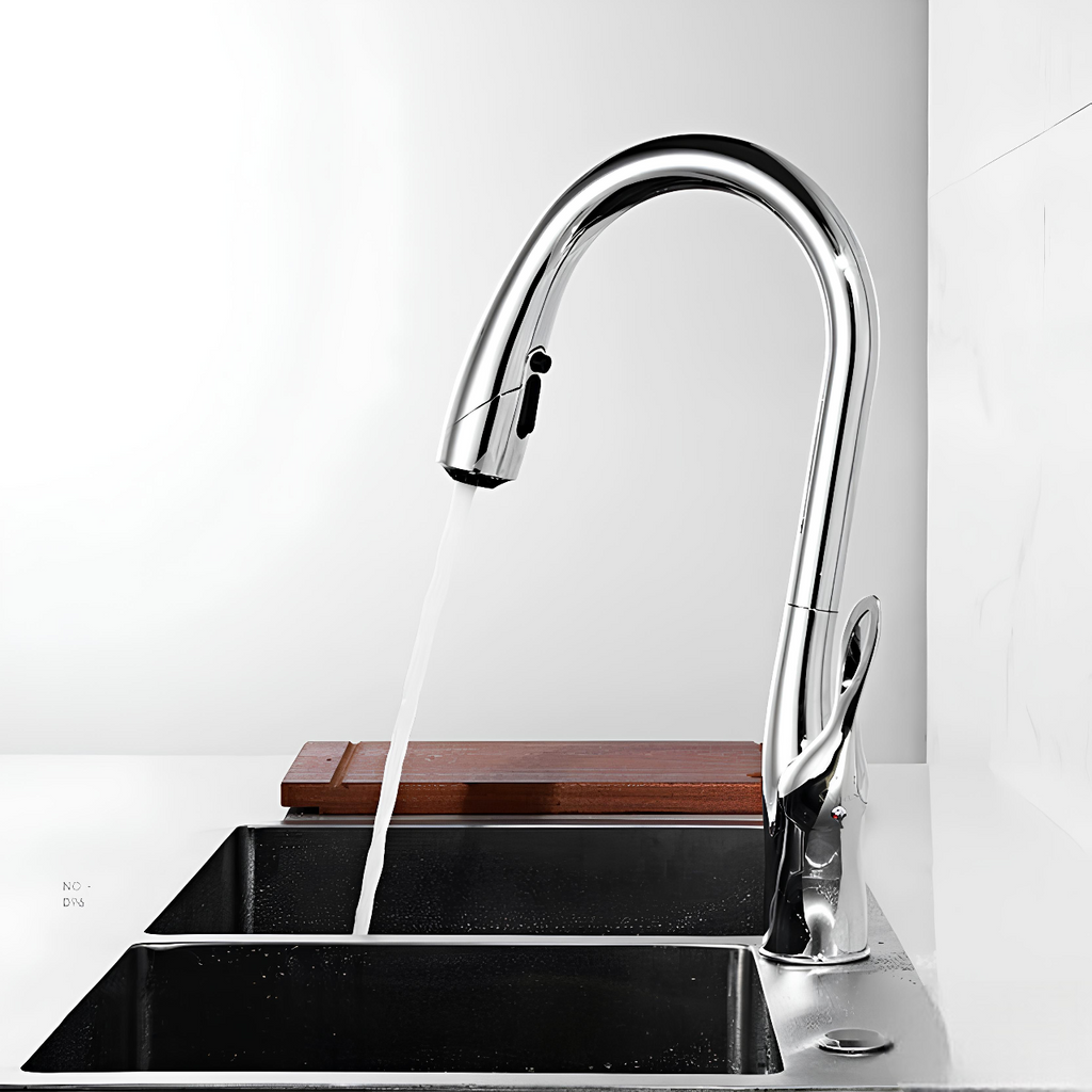 Luxury kitchen faucet with triple-spray pull-down and 360° swivel spout
