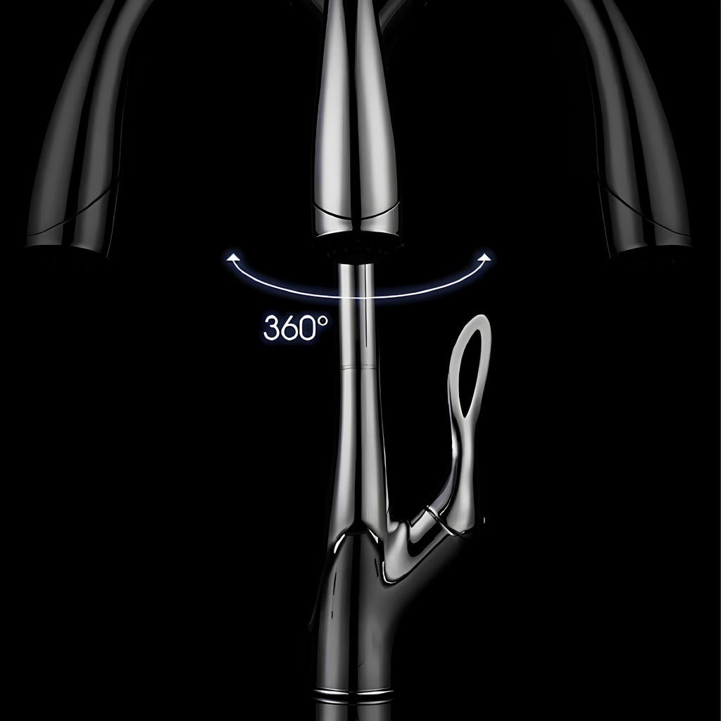 Luxury kitchen faucet with triple-spray pull-down and 360° swivel spout