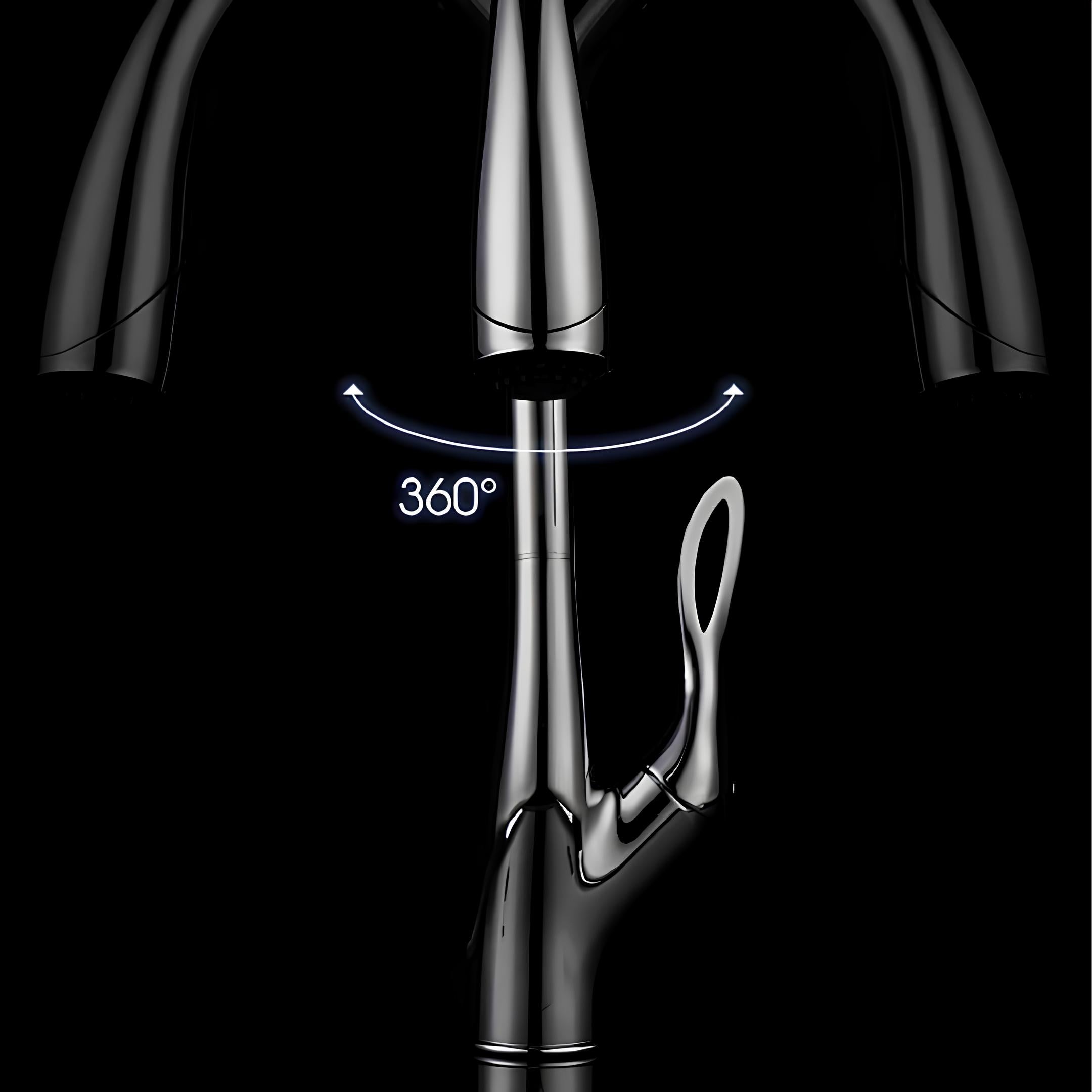 Luxury kitchen faucet with triple-spray pull-down and 360° swivel spout