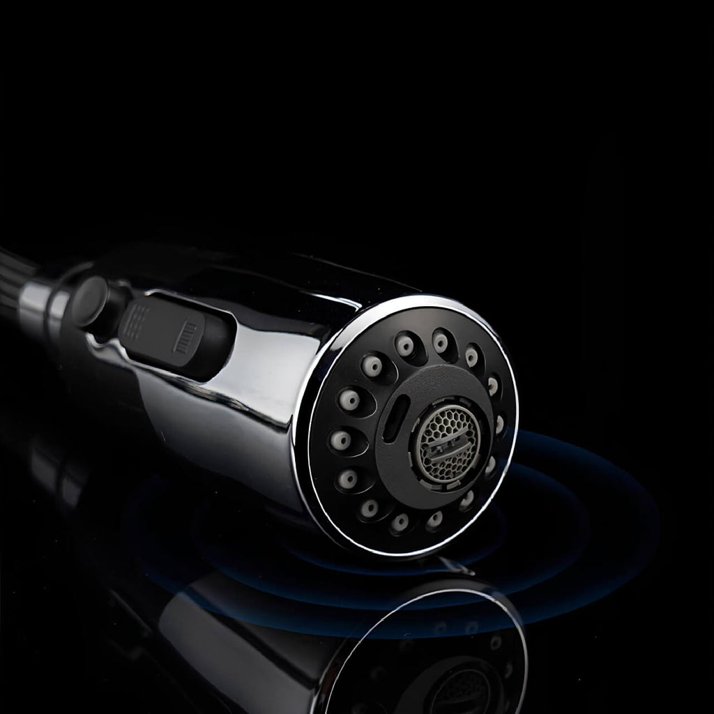 Luxury kitchen faucet with triple-spray pull-down and 360° swivel spout