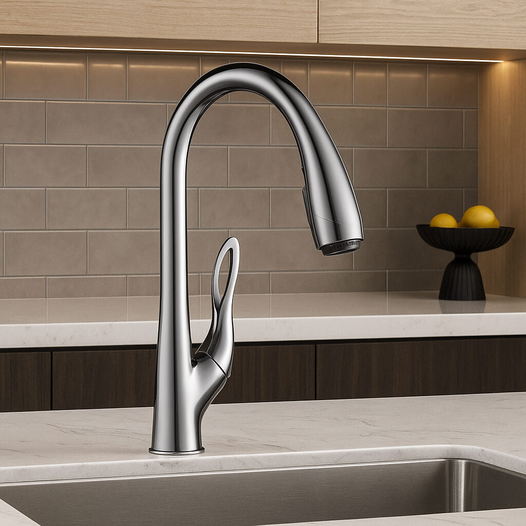 Luxury kitchen faucet with triple-spray pull-down and 360° swivel spout