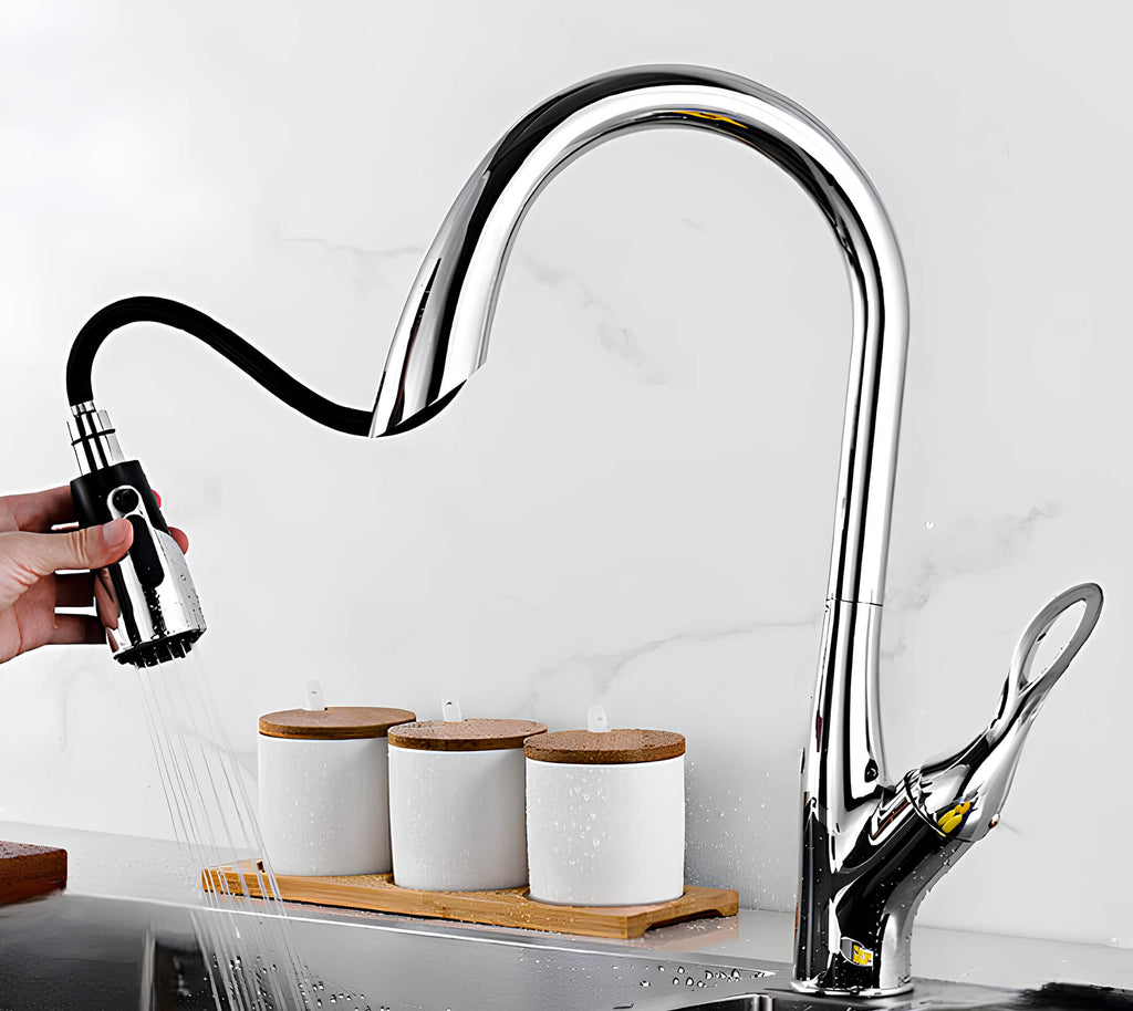 Luxury kitchen faucet with triple-spray pull-down and 360° swivel spout