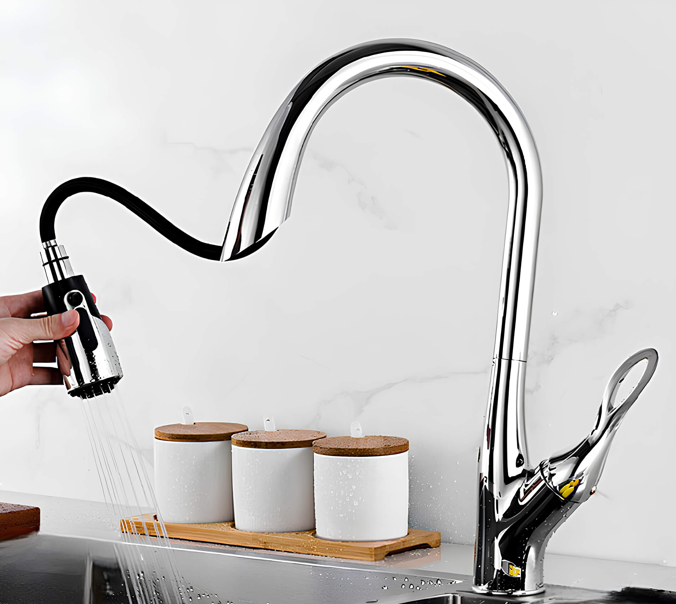 Luxury kitchen faucet with triple-spray pull-down and 360° swivel spout