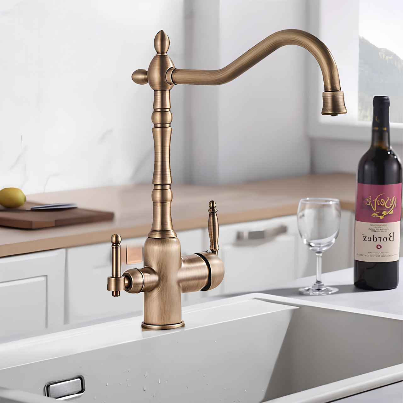 Vintage brass kitchen faucet with dual handles and filtered water outlet