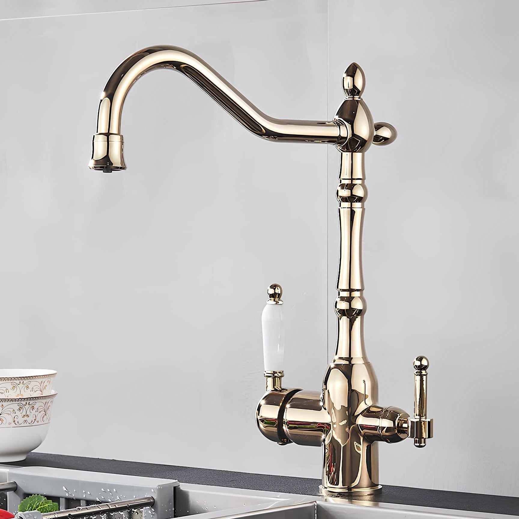 Vintage brass kitchen faucet with dual handles and filtered water outlet