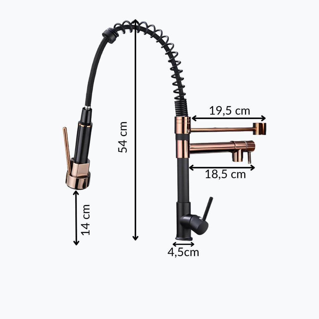 Industrial kitchen faucet with dual outlet and pull-down sprayer in matte black