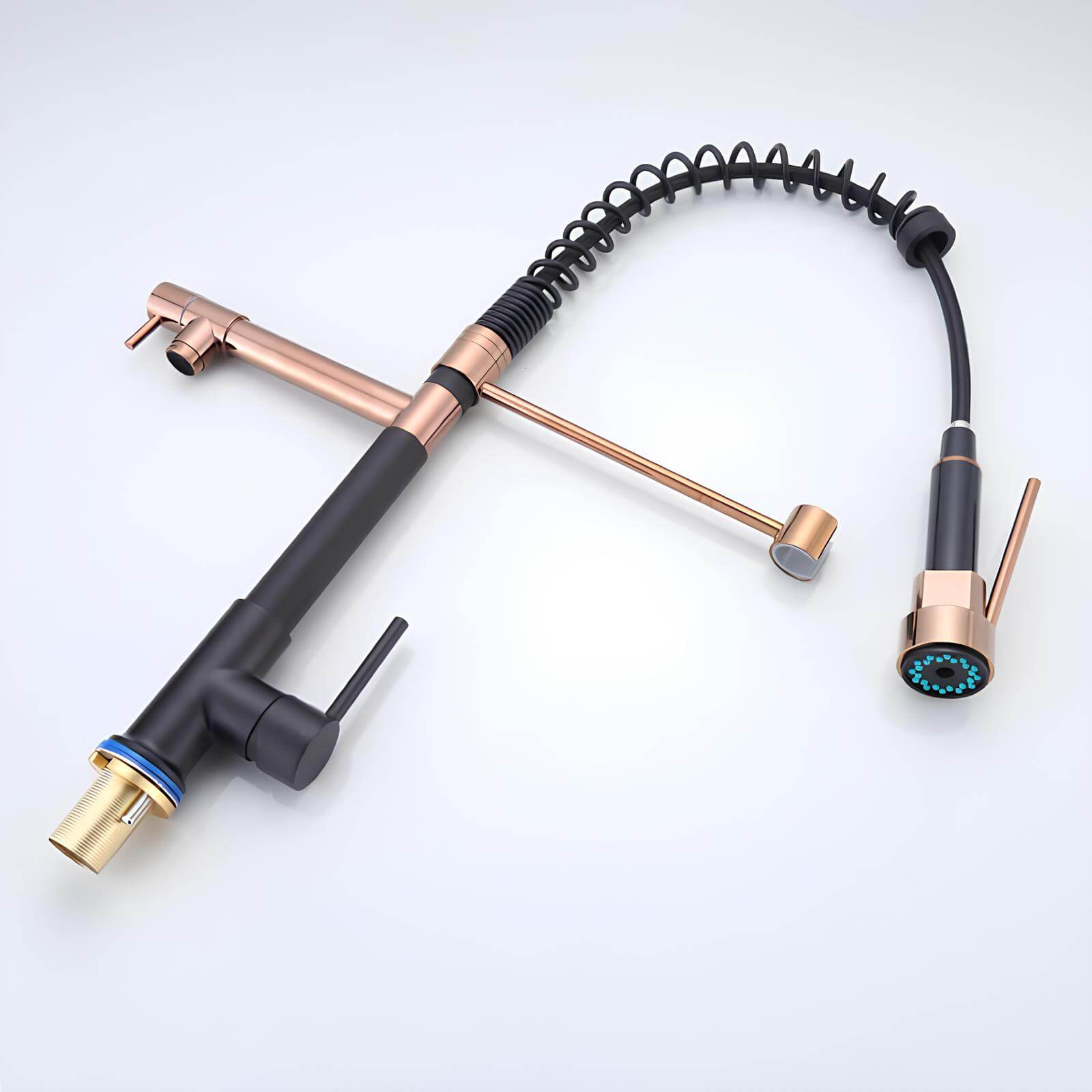 Industrial kitchen faucet with dual outlet and pull-down sprayer in matte black