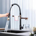 Industrial kitchen faucet with dual outlet and pull-down sprayer in matte black