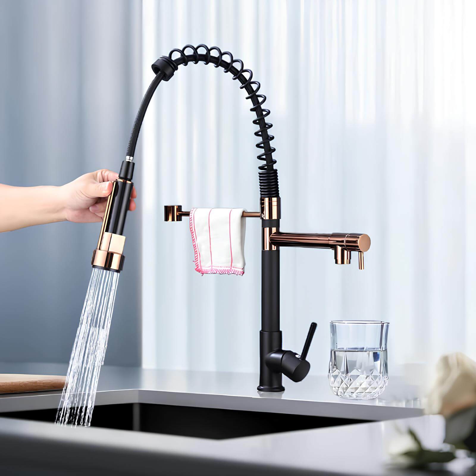 Industrial kitchen faucet with dual outlet and pull-down sprayer in matte black