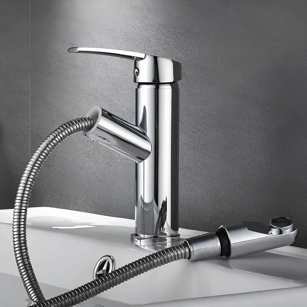 Single-lever kitchen faucet with pull-out sprayer and chrome finish