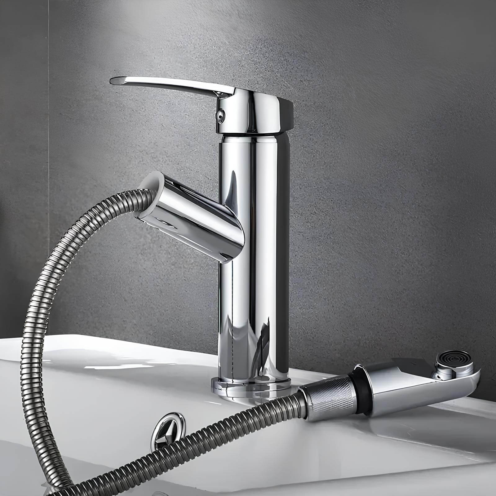 Single-lever kitchen faucet with pull-out sprayer and chrome finish