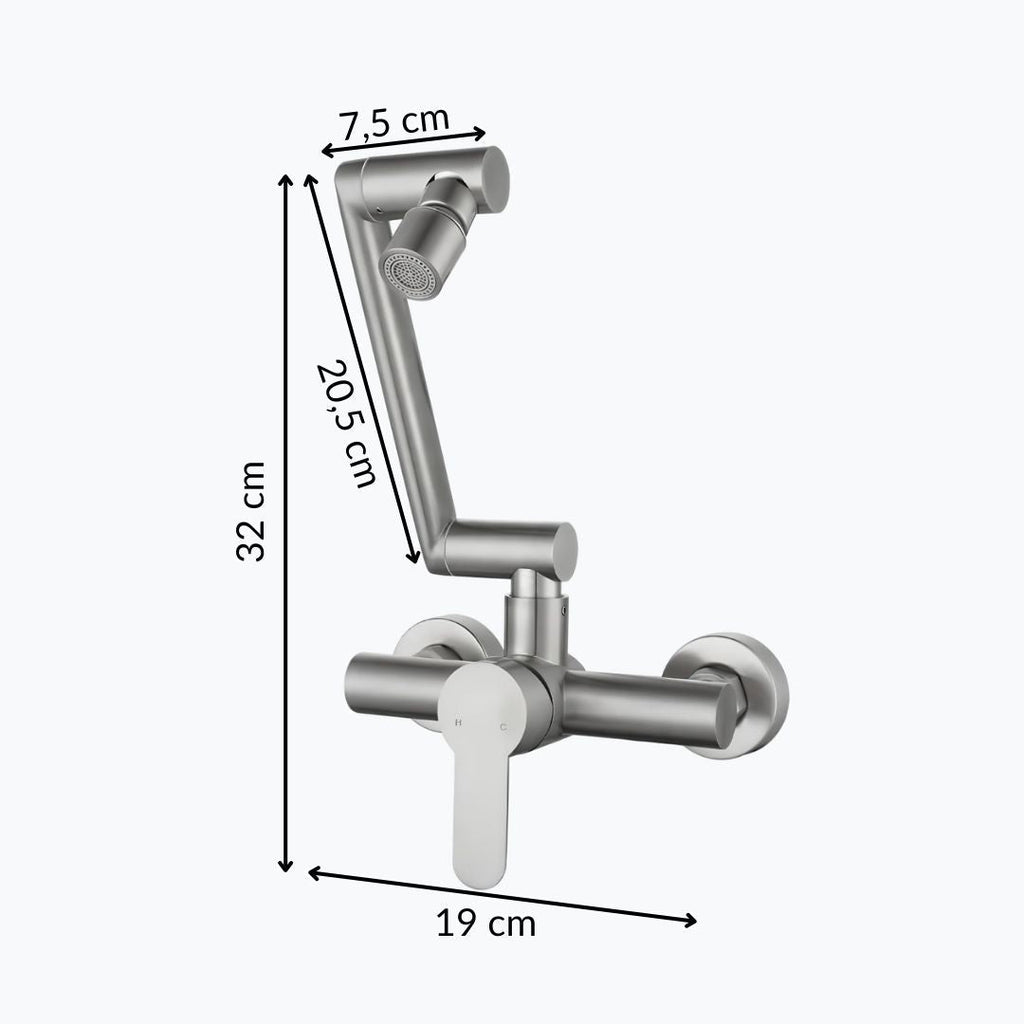 Compact folding kitchen faucet with aerated flow and brushed stainless steel