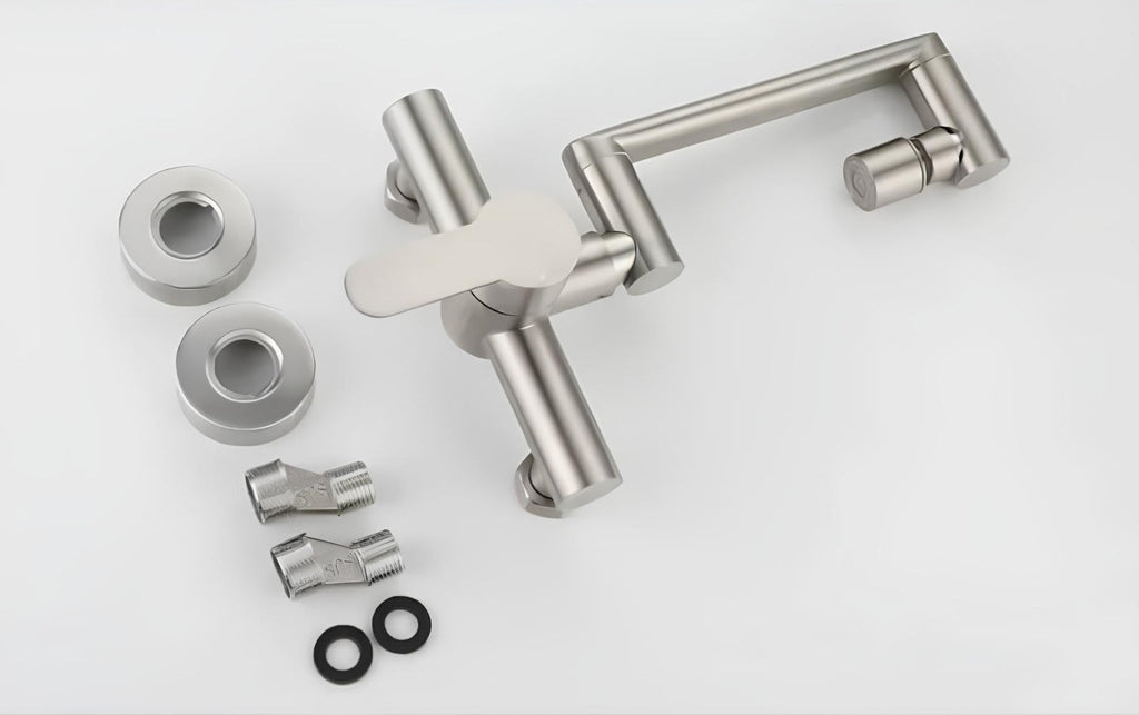 Compact folding kitchen faucet with aerated flow and brushed stainless steel