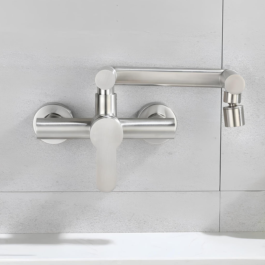 Compact folding kitchen faucet with aerated flow and brushed stainless steel