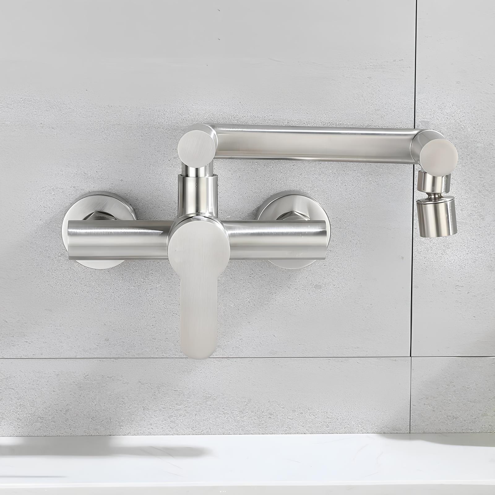 Compact folding kitchen faucet with aerated flow and brushed stainless steel