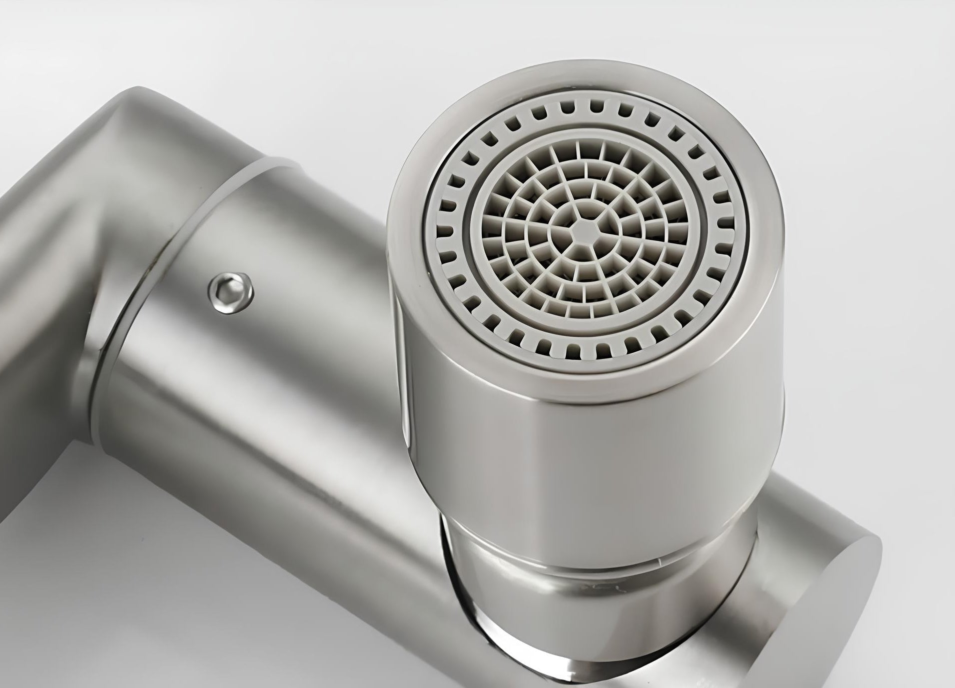 Compact folding kitchen faucet with aerated flow and brushed stainless steel