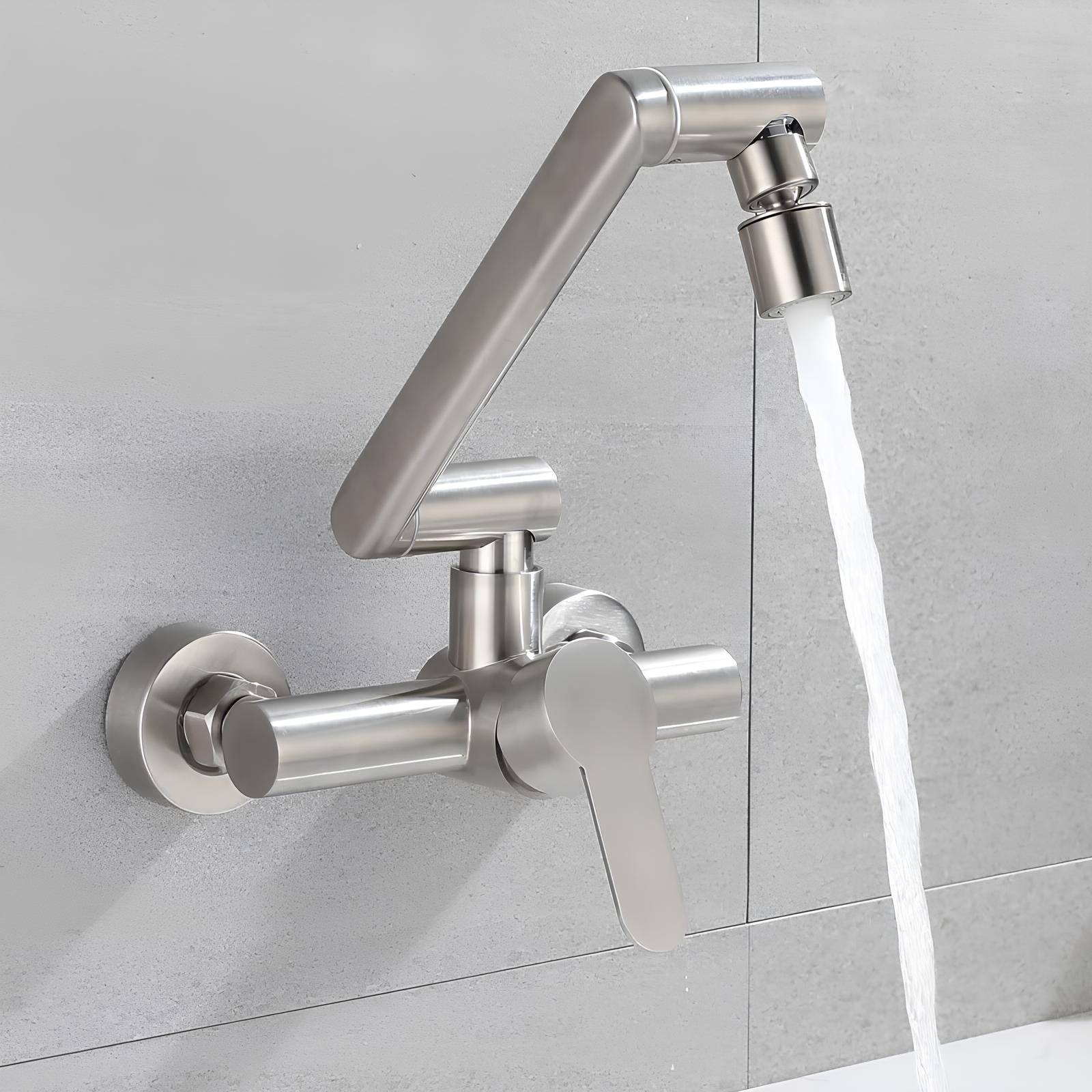 Compact folding kitchen faucet with aerated flow and brushed stainless steel