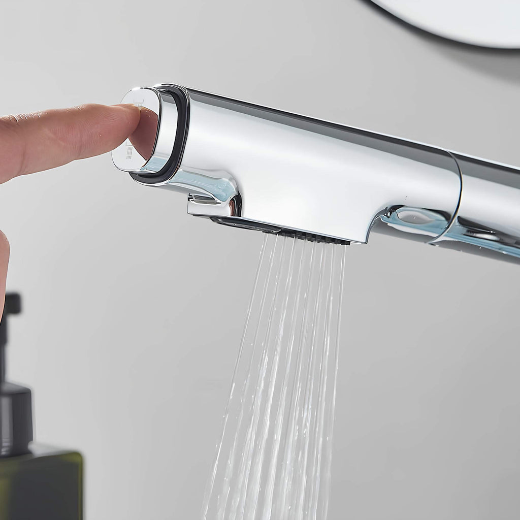 Adjustable kitchen faucet with integrated sprayer and 360° rotation