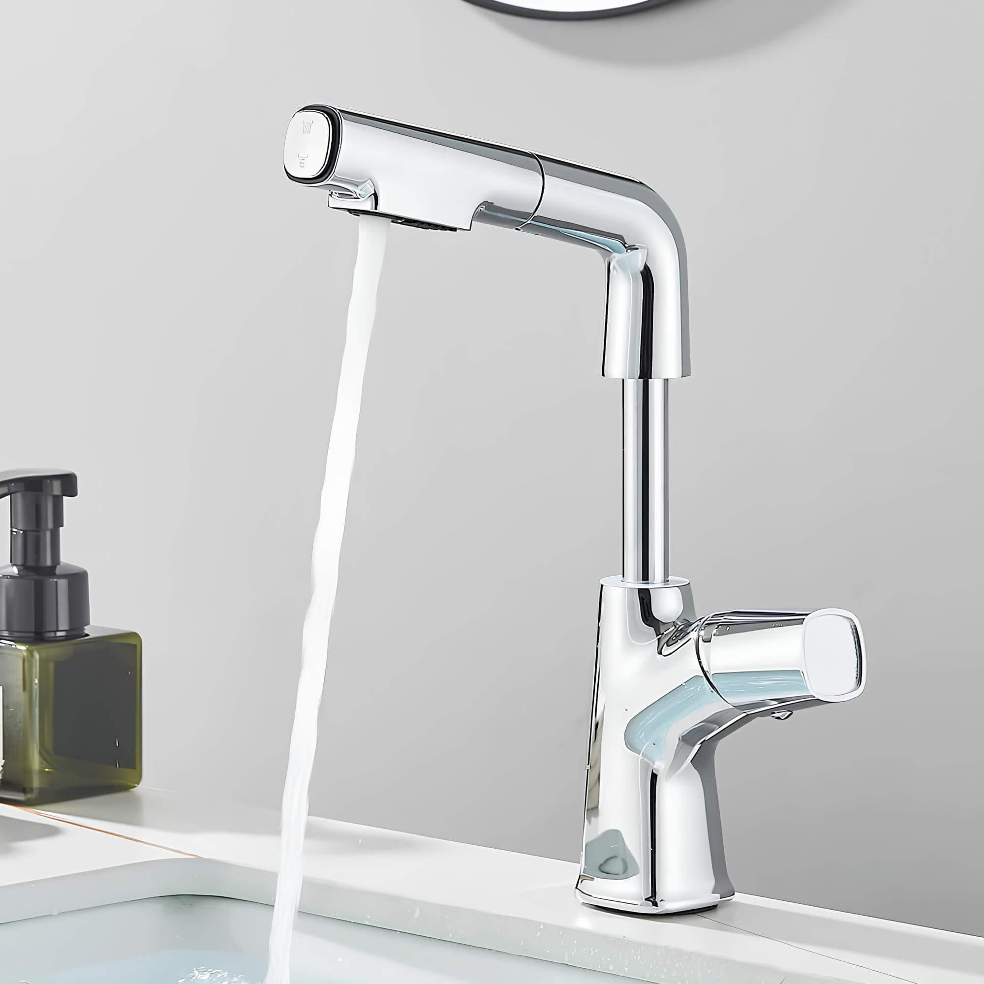 Adjustable kitchen faucet with integrated sprayer and 360° rotation