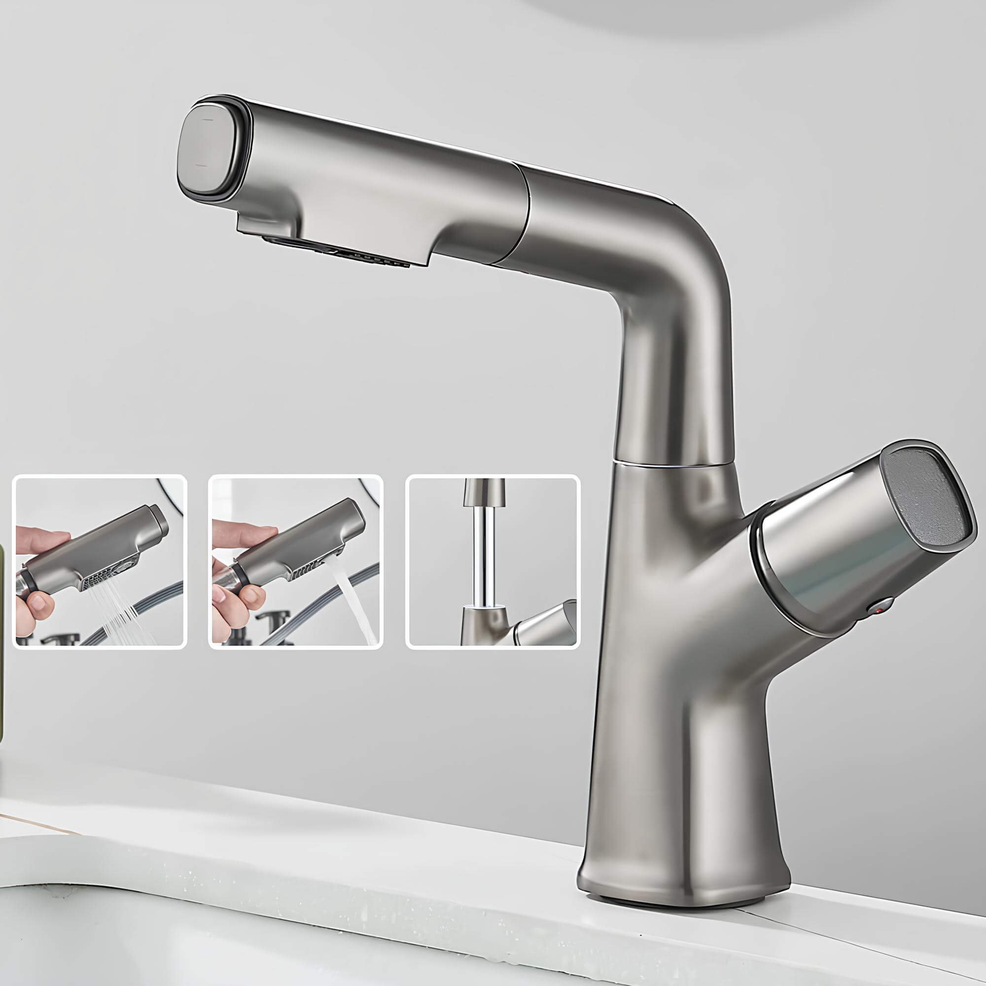Adjustable kitchen faucet with integrated sprayer and 360° rotation