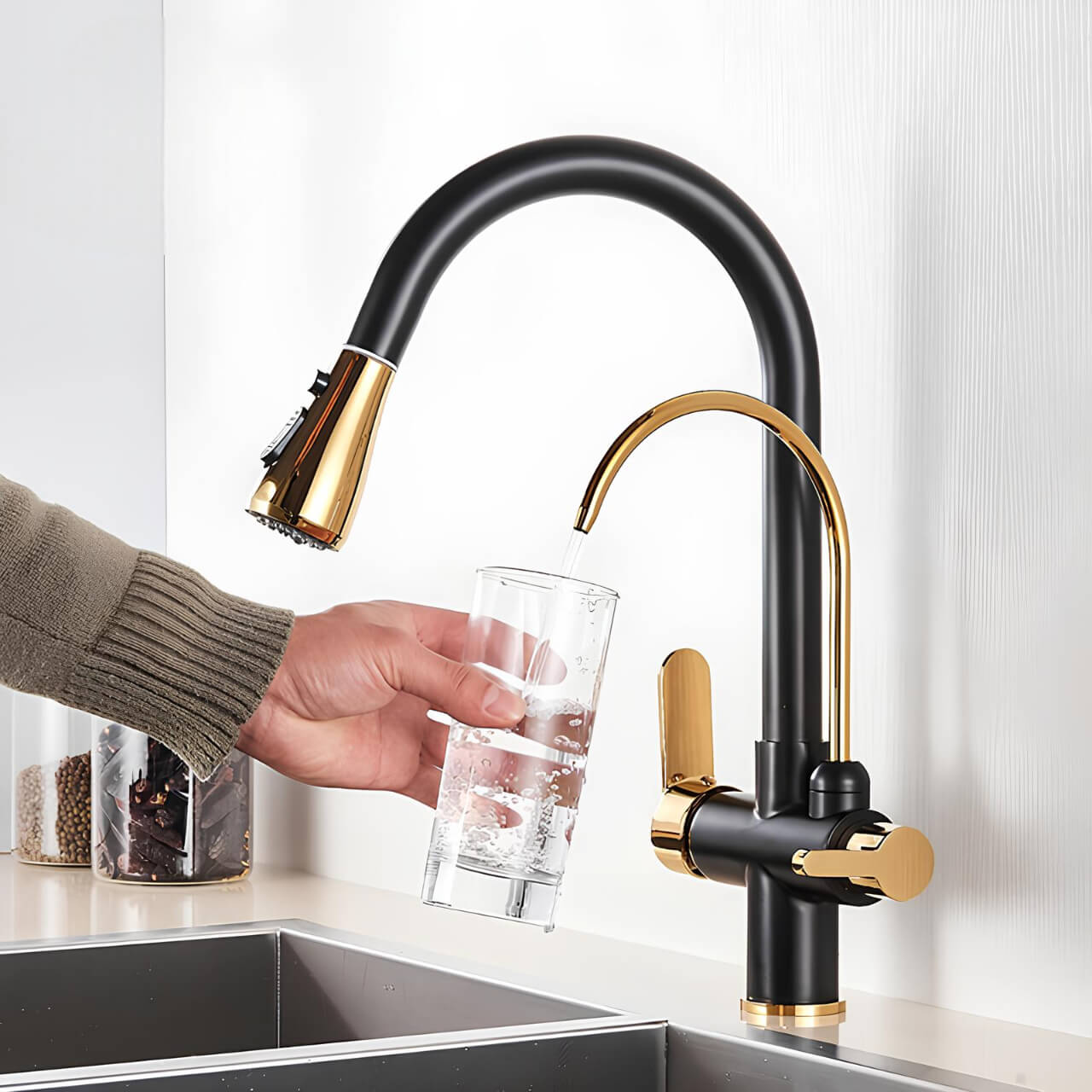 Multifunction kitchen faucet with pull-down sprayer and filtered water outlet