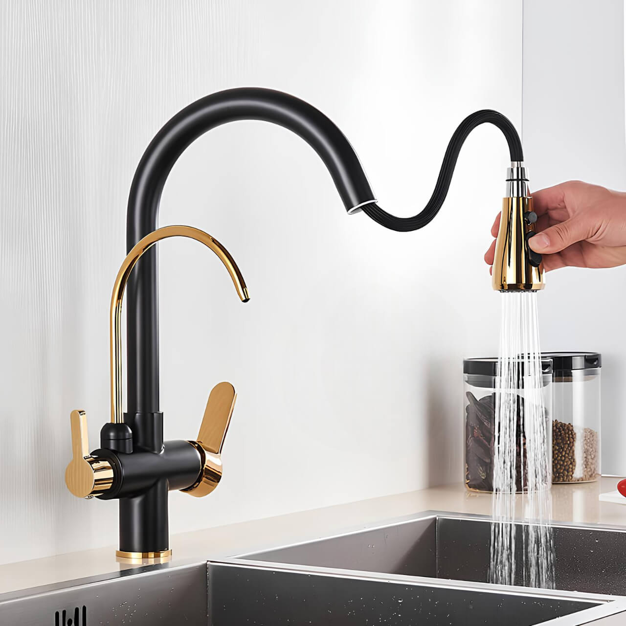 Multifunction kitchen faucet with pull-down sprayer and filtered water outlet