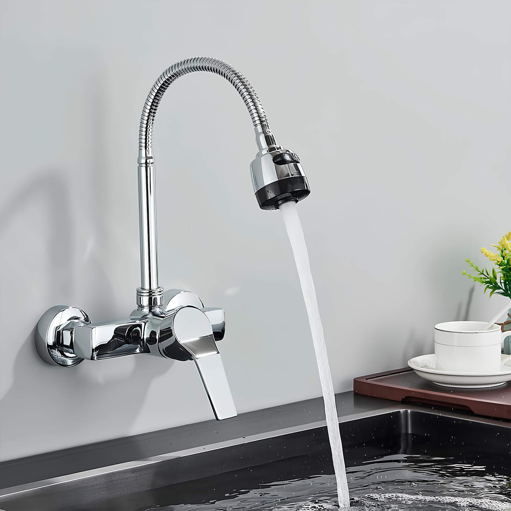 Wall-mounted kitchen faucet with dual spray and 360 degree swivel spout