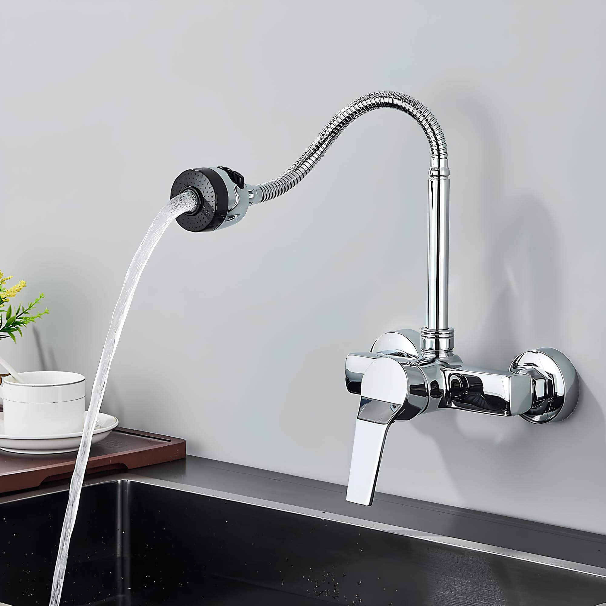 Wall-mounted kitchen faucet with dual spray and 360 degree swivel spout