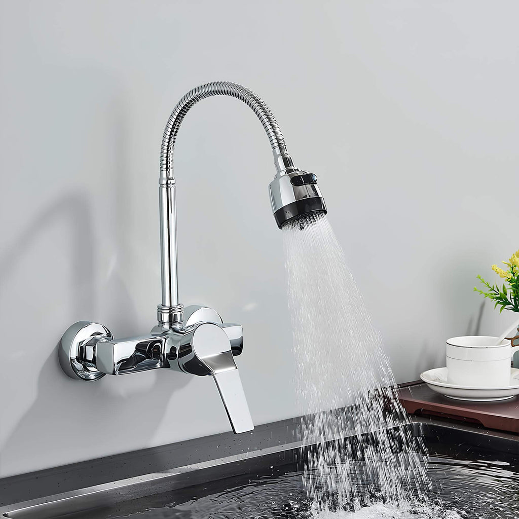 Wall-mounted kitchen faucet with dual spray and 360 degree swivel spout