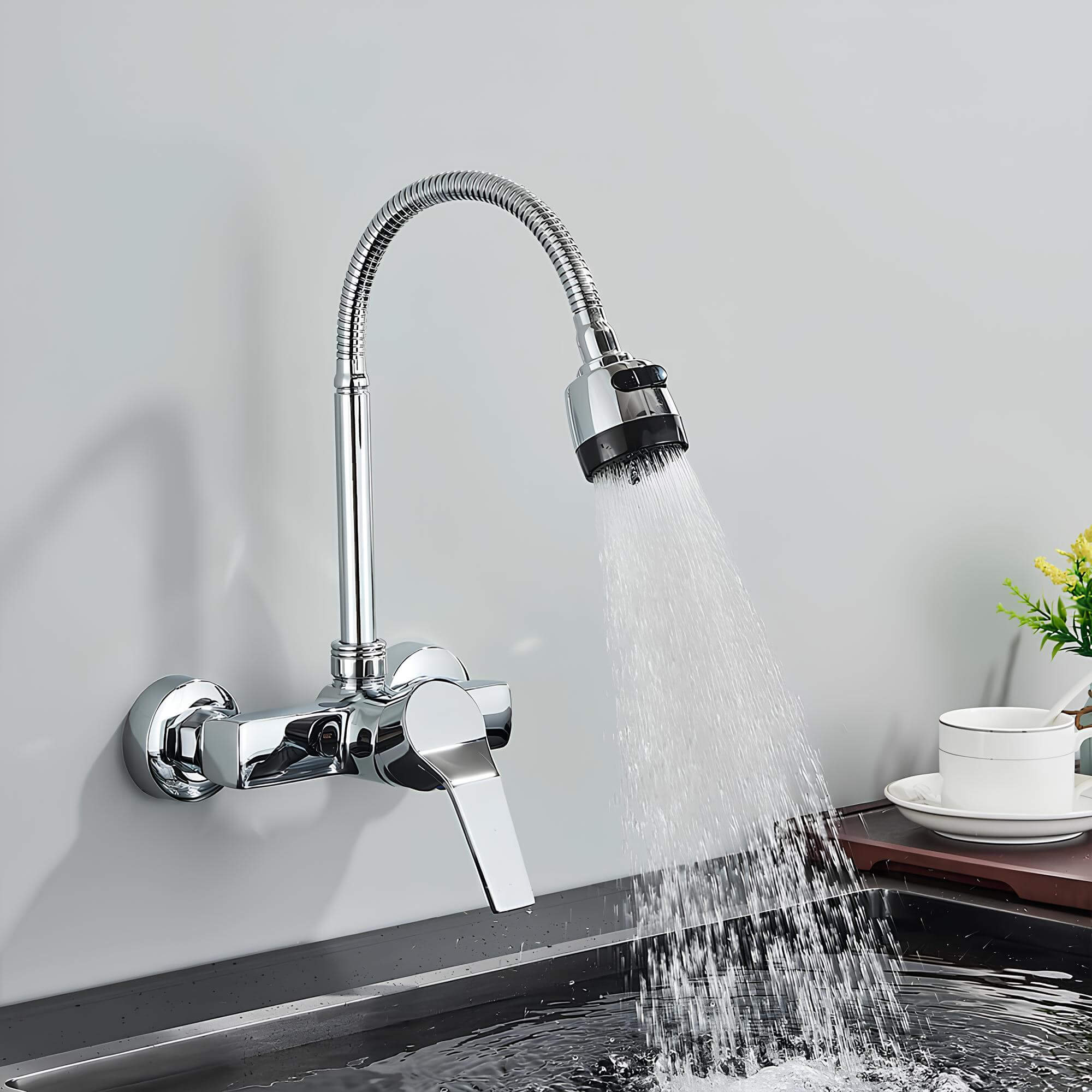 Wall-mounted kitchen faucet with dual spray and 360 degree swivel spout