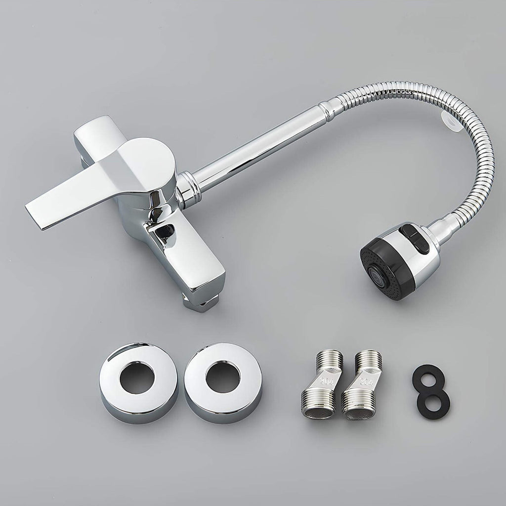 Wall-mounted kitchen faucet with dual spray and 360 degree swivel spout