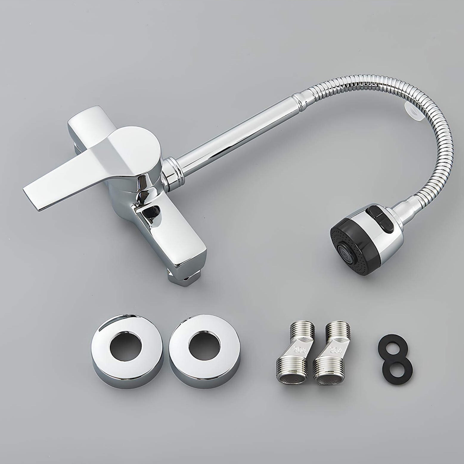 Wall-mounted kitchen faucet with dual spray and 360 degree swivel spout