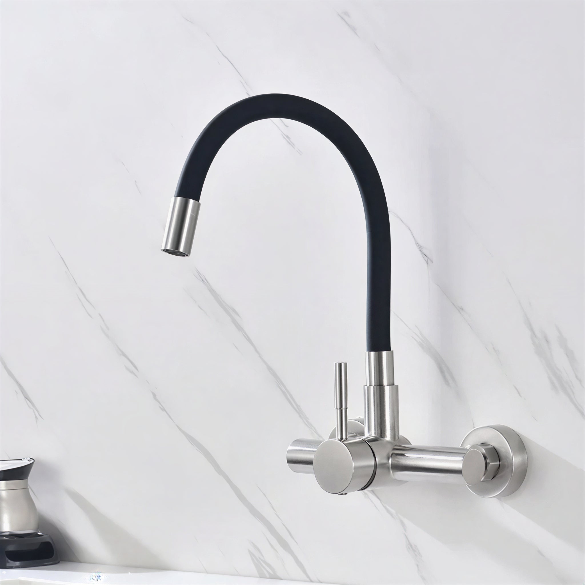 Wall-mount folding brass kitchen mixer with 360° swivel spout