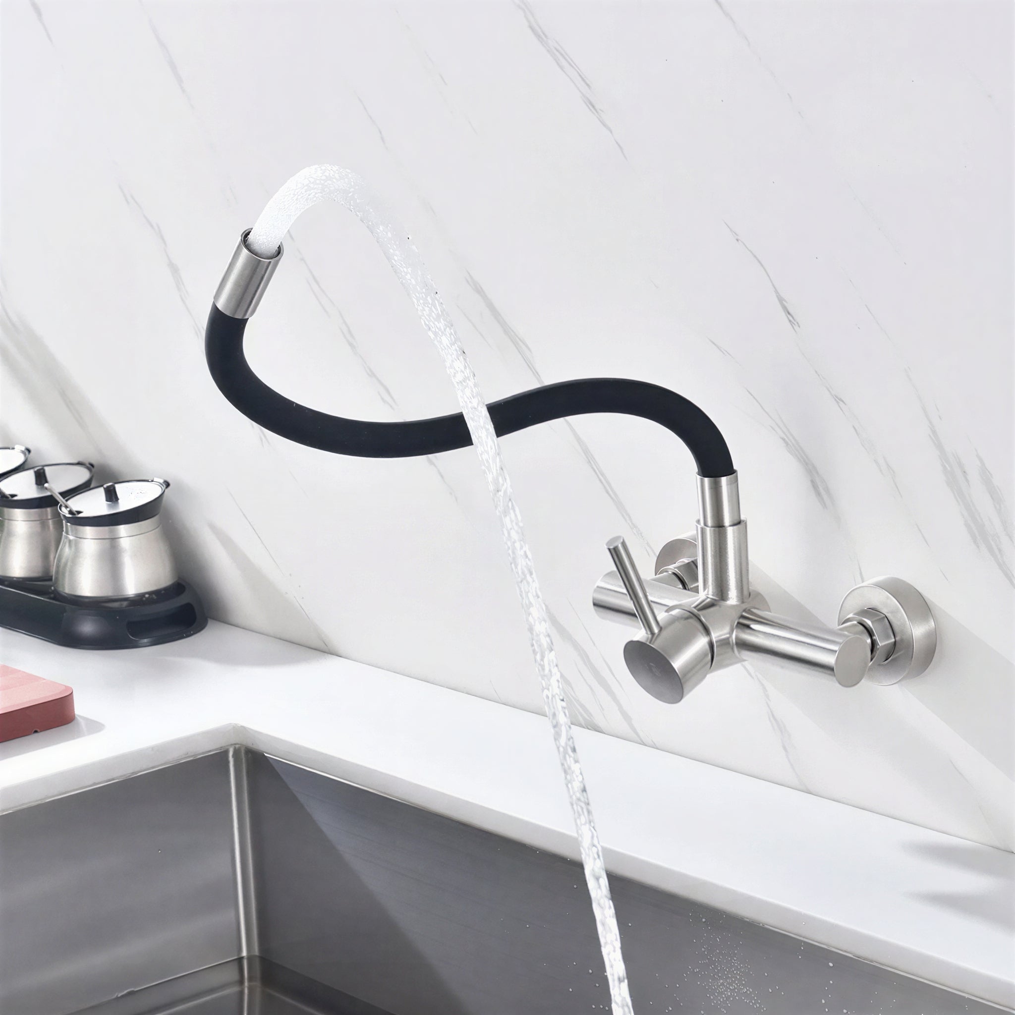Wall-mount folding brass kitchen mixer with 360° swivel spout