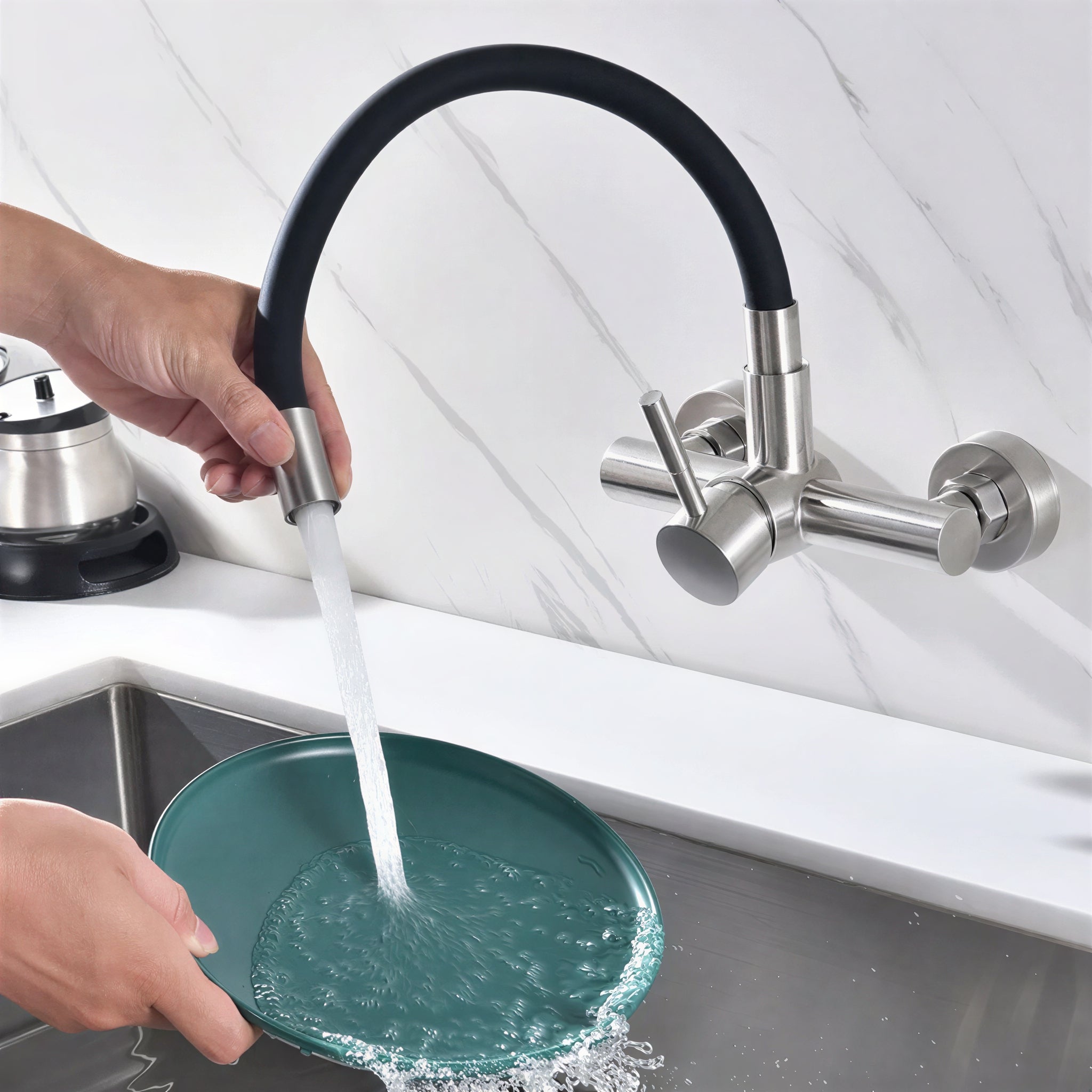 Wall-mount folding brass kitchen mixer with 360° swivel spout