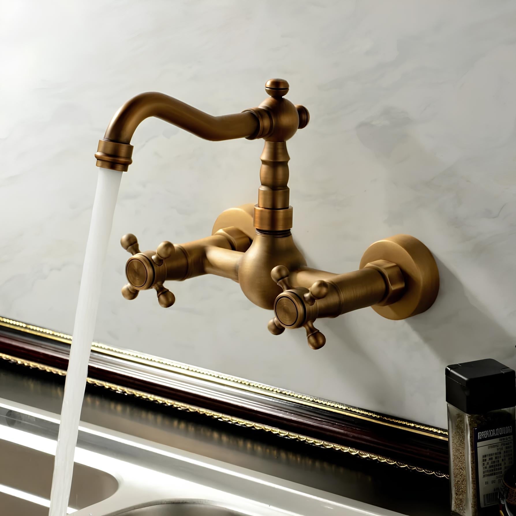 Retro wall-mount kitchen faucet with antique bronze finish and dual handles