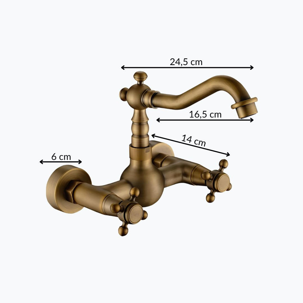 Retro wall-mount kitchen faucet with antique bronze finish and dual handles