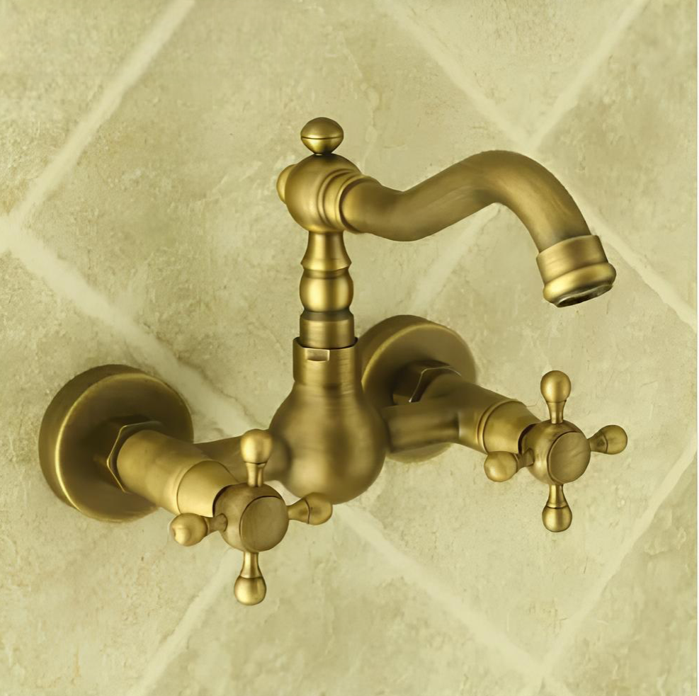Retro wall-mount kitchen faucet with antique bronze finish and dual handles