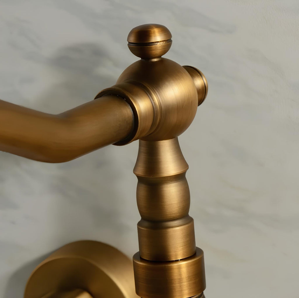 Retro wall-mount kitchen faucet with antique bronze finish and dual handles