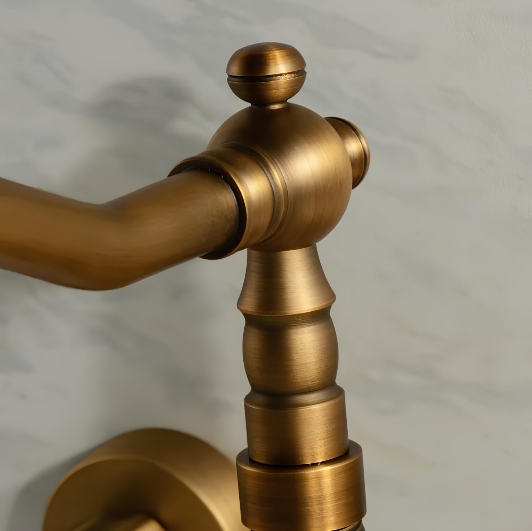 Retro wall-mount kitchen faucet with antique bronze finish and dual handles