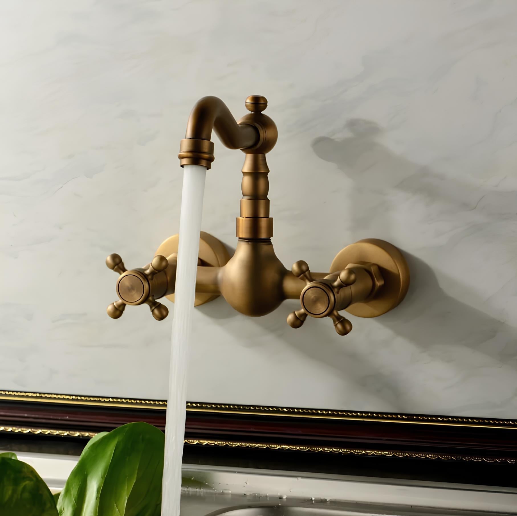 Retro wall-mount kitchen faucet with antique bronze finish and dual handles