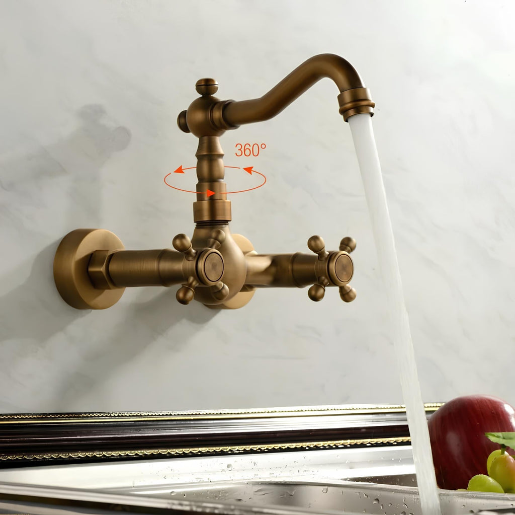Retro wall-mount kitchen faucet with antique bronze finish and dual handles