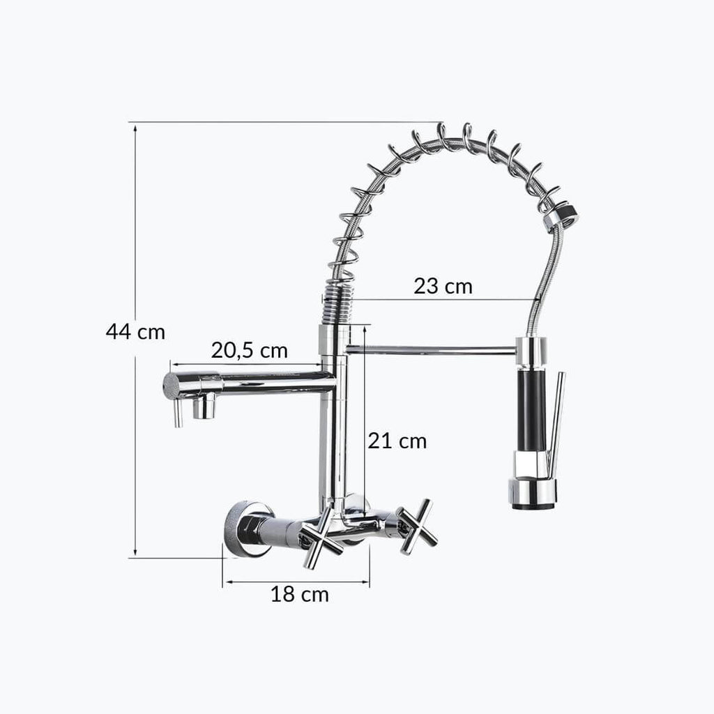 Industrial wall-mount kitchen faucet with pull-down sprayer and dual handles
