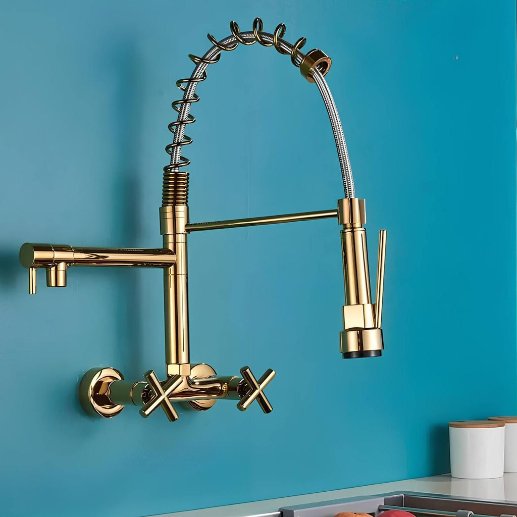 Industrial wall-mount kitchen faucet with pull-down sprayer and dual handles