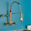 Industrial wall-mount kitchen faucet with pull-down sprayer and dual handles